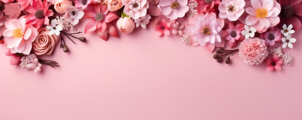 Flowers composition. Wreath made of pink rose flowers on  background. - obrazy, fototapety, plakaty