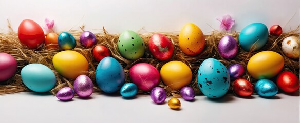 Obraz premium Easter banner with colorful Easter Egg double side border over a white background, Top view with copy space