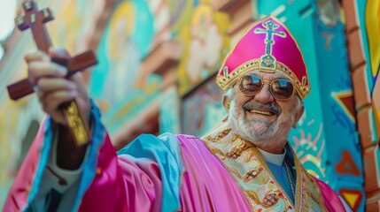a happy bishop wearing holding a cross, fashion outfit, pink and blue colors