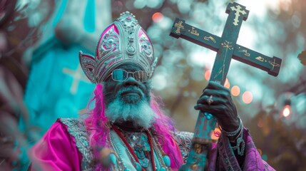 a happy bishop wearing holding a cross, fashion outfit, pink and blue colors - obrazy, fototapety, plakaty