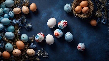 Easter banner with painted eggs and napkin on dark blue backround , Top view, flat lay with copy space