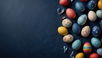 Easter banner with painted eggs and napkin on dark blue backround , Top view, flat lay with copy space - obrazy, fototapety, plakaty