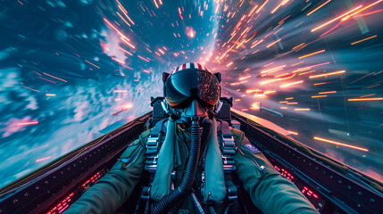 an F15 fighter pilot inside the aircraft at very high speed  - obrazy, fototapety, plakaty