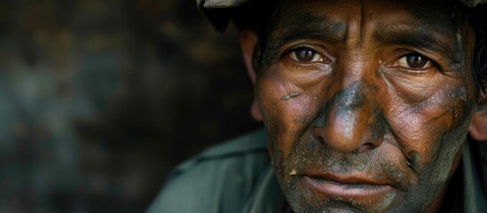 A Latin American miner with dark skin advocates for the rights of fellow mine workers involved in mineral extraction, captured in a close-up shot revealing mud on his face.
