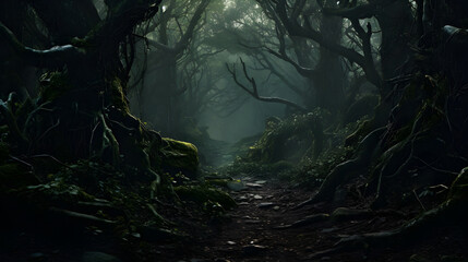 Naklejka premium The mysterious charm of a gloomy forest shrouded in oppressive darkness and haunting silence