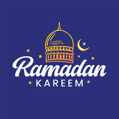 Fototapeta na wymiar Ramadan kareem typography vector illustration greeting card hand lettering design on blue background with a mosque. Islamic religious festival Ramadan Mubarak logo, text.