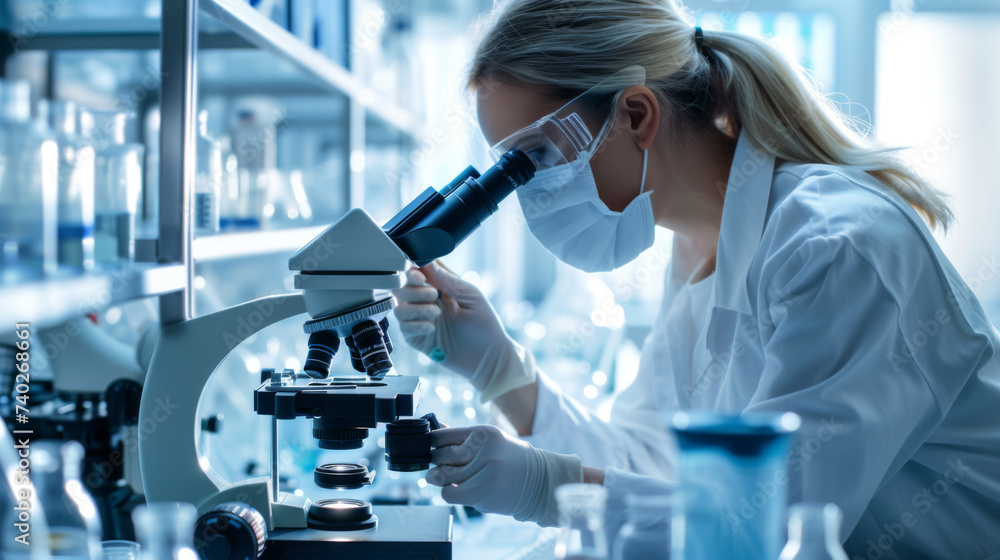 Poster scientist using a microscope in a laboratory setting, likely conducting research or analysis.