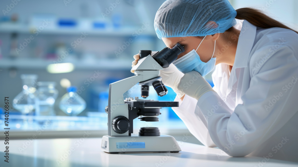 Poster scientist using a microscope in a laboratory setting, likely conducting research or analysis.