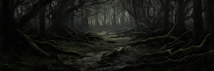 The mysterious charm of a gloomy forest shrouded in oppressive darkness and haunting silence