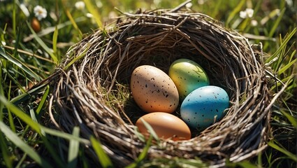 Obraz premium Nest with easter eggs in grass on a sunny spring day - Easter decoration