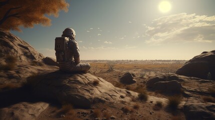 An astronaut on an unknown planet looks at the sunset