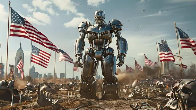 Artificial intelligence robot President of the United States stands victorious amongst the remains of his enemies as American flags wave in the wind