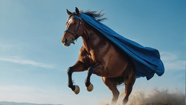 superhero horse with a blue cloak and mask jumping and flying on light blue background with copy space
