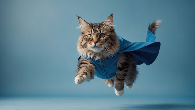superhero Norwegian Forest cat, Cute tabby kitty with a blue cloak and mask jumping and flying on light blue background with copy space