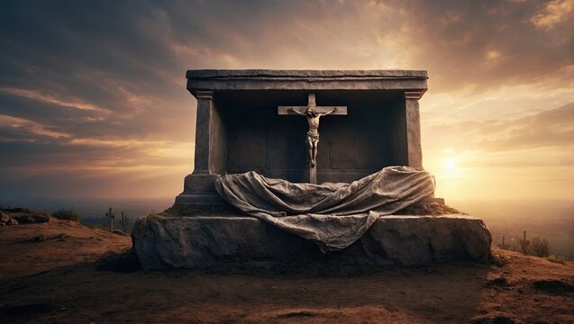Tomb Empty With Shroud And Crucifixion At Sunrise - Resurrection Of Jesus Christ