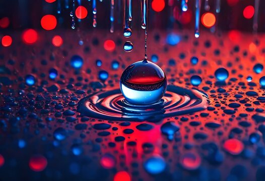 Water droplets on glass, with a mesmerizing array of red and blue bokeh lights in the background