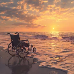 Ingelijste posters A wheelchair user rolling on a serene beach © wizXart
