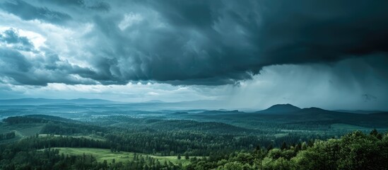 A gloomy sky with storm clouds covers the mountain valley as a powerful storm rolls in. - obrazy, fototapety, plakaty