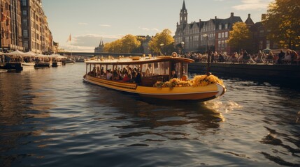 Fototapeta premium Yellow Boat Floating on Body of Water