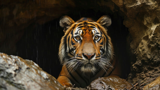 calm tiger hiding in a cave in a rock from the rain, wallpaper design