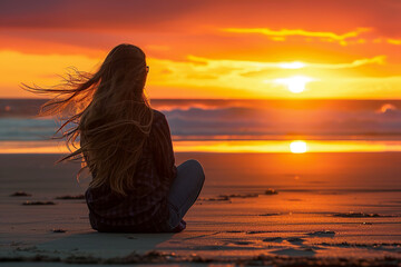 Fototapeta premium A girl sitting on a beach, watching the sunset, with her hair blowing in the wind
