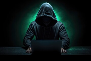 Hacker with laptop in hoodie dark theme. Generative ai
