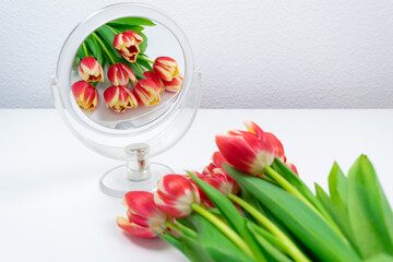 Bouquet of fresh red and yellow tulips is beautifully reflected in a round mirror on white table.