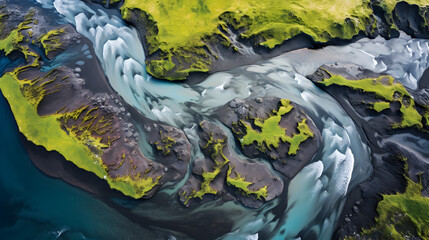 Fantasy alien planet. Abstract fractal shapes,
Icelandic river seen from above and on the side Stunning natural setting
