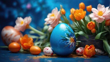 Fototapeta na wymiar Happy Easter Holiday with Painted Egg, Rabbit Ears and Flower on Shiny Blue Background