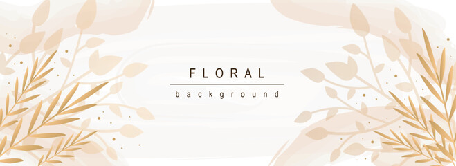 Floral horizontal web banner. Abstract pastel leaves and plant foliage, twigs and herbs on elegant decorative background. Vector illustration for header website, cover templates in modern design - obrazy, fototapety, plakaty