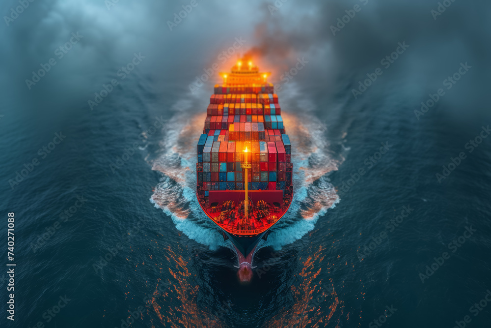 Poster a cargo ship loaded with containers from various countries, navigating the open seas as part of a gl
