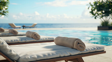 Obraz premium Sunbeds with towels by the pool with sea views.