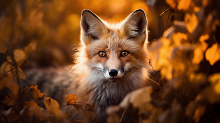 Obraz premium fox in the forest in bright autumn
