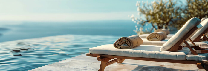 Sunbeds with towels by the pool with sea views. - obrazy, fototapety, plakaty