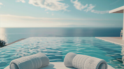 Sunbeds with towels by the pool with sea views. - obrazy, fototapety, plakaty