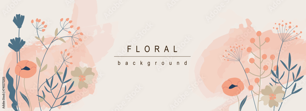 Aufkleber floral horizontal web banner. red poppy and wildflowers bouquets with leaves on abstract background.