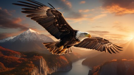 Majestic Eagle Soaring Above Mountain Range