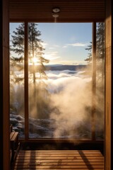 Finnish sauna, classic wooden sauna with hot steam. Spa relax complex. Panoramatic window. Generative ai