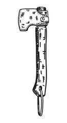 Sketch of camping axe with protective blade cover. Clipart of outdoor travel equipment, hiking tools. Hand drawn vector illustration isolated on white.