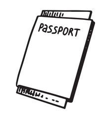 Passport and tickets sketch. Clipart of journey, travel attribute. Hand drawn vector illustration isolated on white.