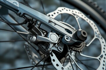 Fototapeta na wymiar Part of the bicycle's braking system. Grey metal brake disc and brake pads on road bike, close up.