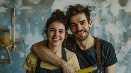 Obraz premium A Caucasian man and woman are hugging each other's shoulders and smiling with confidence painting a wall.