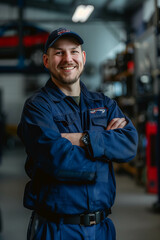 Confident Caucasian male auto mechanic in blue uniform stands with arms crossed in auto repair shop.