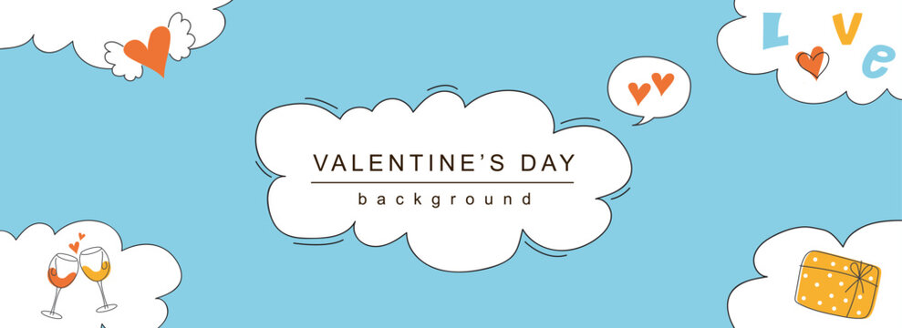 Valentine Day horizontal web banner. Wing heart, wineglasses cheers, holiday gift, love and heart on cloudy blue background. Vector illustration for header website, cover templates in modern design