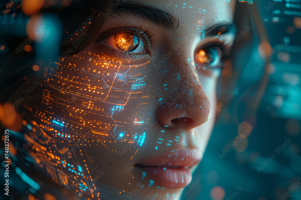 Poster a futuristic portrait of a person on a digital display background, symbolizing the integration of te