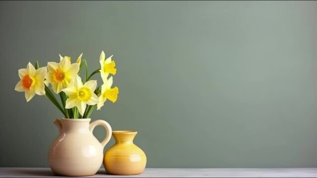 Hello Spring text animation with daffodil flower decorations background. Generative AI