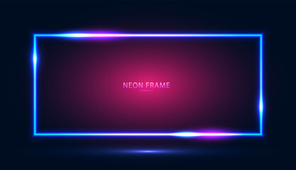 Neon rectangular frame with shining effects on a dark blue-pink background. Abstract futuristic neon background. Vector EPS 10.