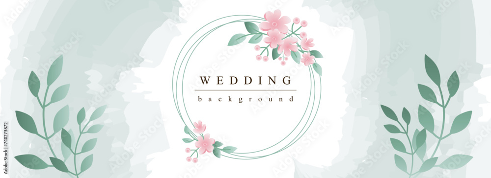 Poster wedding horizontal web banner. romantic marriage invitation with abstract pink flowers in circle bor