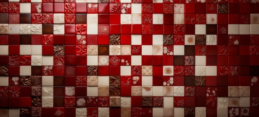 Red white colorful Ceramic tiles background banner wallpaper poster. A set of red white ceramic tiles in an artistic mosaic craftsmanship texture.