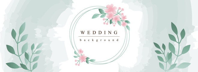 Wedding horizontal web banner. Romantic marriage invitation with abstract pink flowers in circle border with green leaves. Vector illustration for header website, cover templates in modern design